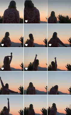 multiple images of a woman reaching up to the sky