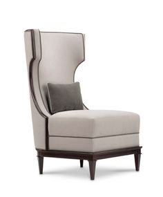 a white chair with a gray pillow sitting on it's back and armrests