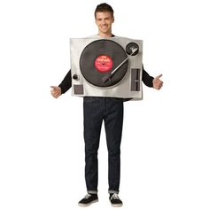 a man wearing a costume made to look like a record player