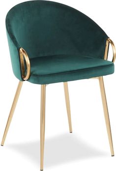 a green velvet chair with gold legs