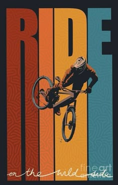 a man on a bike jumping over the words ride