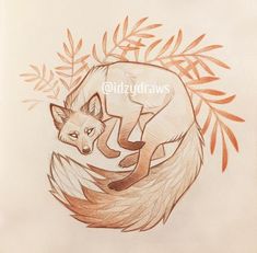 a drawing of a fox with leaves around it