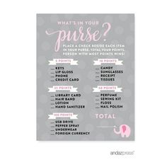 a pink and gray poster with the words what's in your purse? on it