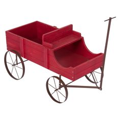 a red wooden wagon with two wheels and a shelf on the side for storing items