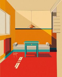 a room with red carpet, blue table and orange wall in the background is an open door