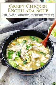 a bowl of green chicken enchilada soup