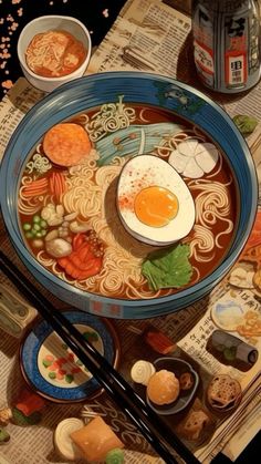 a bowl of ramen with chopsticks next to it on top of a newspaper