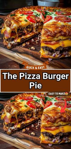 the pizza burger pie is cut in half and ready to be eaten with text overlay