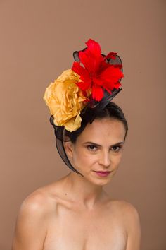 Gold fascinator- It's a classic red and black combination with big gold silk flower to add richness to your overall ensemble. This piece is part of the derby collection 2024-25. It is one of designer's favorite piece in the collection.  Occasion: Apart from derby, it is ideal for other spring or summer events like brunch, cocktail, sundowner, pre wedding theme events, destination wedding, anniversary, bachelorette party, engagement, bridal shower, bride's mother fascinator, church fascinator hat Red Flower Fascinator For Party, Red Headpieces With Handmade Flowers For Evening, Red Evening Headpiece With Handmade Flowers, Gold Fascinator, Too Faced Highlighter, Kentucky Derby Fascinator, Black Combination, Derby Fascinator, Face Cut