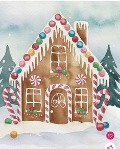 a watercolor painting of a gingerbread house with candy canes and candies