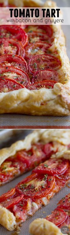 tomato tart with bacon and ginger on top is shown in three different stages to be cooked