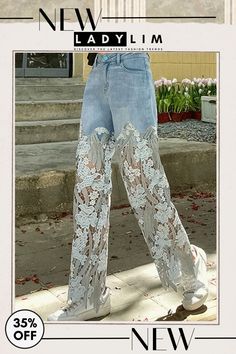 Daily Retro Floral Lace Patchwork Denim Straight Jeans Jeans Patchwork, Grunge Y2k, Summer Trousers, Vintage Trousers, Denim Pants Women, Patchwork Jeans, Summer Jeans, Shenzhen, Elegant Fashion