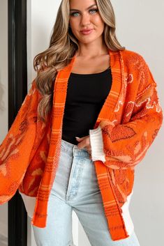 Bright Spot Open Front Floral Cardigan (Fire Orange) - NanaMacs Bright Orange Cardigan Outfit, Spring Layering Orange Sweater, Oversized Open Front Winter Tops, One Size Cotton Outerwear For Fall, One Size Cotton Cardigan For Fall, Trendy Red Oversized Cardigan, Trendy Oversized Red Cardigan, Cozy Orange Outerwear For Fall, Casual Orange V-neck Cardigan