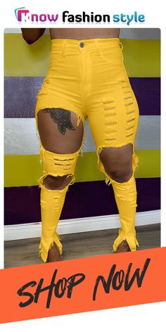 #KnowFashionStyle #Skinny #BrokenHoleTrousers Ripped Heans, High Waist Ripped Jeans, Denim Diy Clothes, Ripped High Waisted Jeans, Yellow Pants, Denim Diy, Yellow Fashion, Red Fashion, Cotton Style