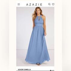 a woman in a long blue dress with the words azzazie q on it