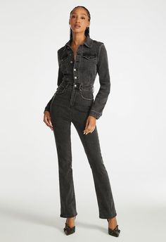 Long Sleeve Denim Jumpsuit Denim Jumpsuit With Jacket, Fitted Denim Jumpsuit In Overall Style, Trendy Fitted Denim Jumpsuit, Fitted Trendy Denim Jumpsuit Overall, Fitted Trendy Denim Jumpsuit, Trendy Straight Leg Denim Jumpsuit For Fall, Trendy Denim Jumpsuit With Straight Leg For Fall, Trendy Fitted Denim Jumpsuit With Long Sleeves, Trendy Fitted Long Sleeve Denim Jumpsuit