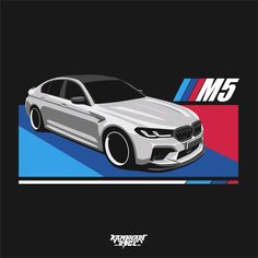 a white bmw m5 car on a blue and red background with the m5 logo