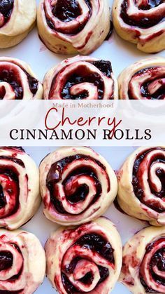 cherry cinnamon rolls on a white plate with the words cherry cinnamon rolls in front of them