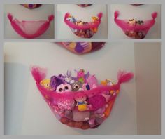 several images of pink and purple items hanging on the wall, including an owl mask