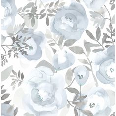 a white and gray floral wallpaper with leaves