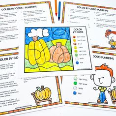 four color by code worksheets with pictures of pumpkins and cornucons