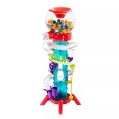 a toy tower filled with lots of colorful toys on top of it's sides