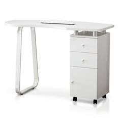 a white desk with three drawers on it