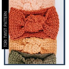 four crocheted headbands with the words top 5 patterns written below them