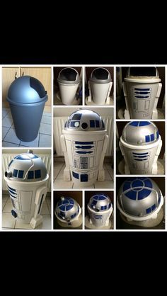 star wars r2d2 trashcans are shown in multiple pictures, including one that is blue and the other white