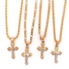 "18kt Gold Filled Cross Charm Necklace Chain Options and Lengths are available below. Chain thickness is between 2-2.5mm. For KIDS: We recommend 16\" For MEN: We recommend 24\" Chain can have a .5\" variation. Please size up if necessary. Top to Bottom: Option 1: Curb Chain Option 2: Rope Chain Option 3: Mariner Link Material: 18 Karat Gold Filled, Hypoallergenic. Gold-filled does not de-laminate or peel like Gold plated Jewelry nor does it tarnish as readily as silver. Generally speaking, gold Jesus On Cross, Gold Things, Cross Charm Necklace, Chain For Men, Necklace Cross, Family Jewels, Jewelry Lookbook, Alessandra Ambrosio, Vanessa Hudgens