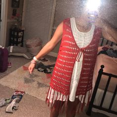 Such A Fun Detailing In This Peice Red Summer Beach Outerwear, Bohemian Red Outerwear For Vacation, Sleeveless Outerwear For Summer Festivals, Red Bohemian Outerwear For Vacation, Summer Festival Sleeveless Outerwear, Red Fall Outerwear For Vacation, Red Outerwear For Fall Vacation, Colorful Vest, Long Vests