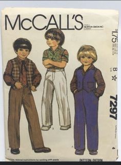 three children's pants and vests are shown in the pattern, with one boy wearing