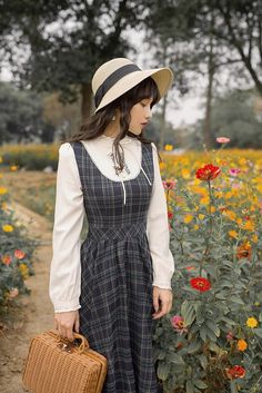 Faux two-piece layered midi dress with a white ruffled high neckline, flower embroidery, a faux button front, long sleeves, and a plaid dress with a midaxi swing skirt and concealed back zipper. S: 33" chest, 26.5" waist, 48" lengthM: 34.5" chest, 28" waist, 48" lengthL: 36" chest, 29.5" waist, 48.5" lengthXL: 37.5" chest, 31" waist, 48.5" length2XL: 39" chest, 32.5" waist, 49" length Dark Academia Fitted Dress With Ruffles, Dark Academia Fitted Ruffle Dress, Casual Fake Two-piece Dress For Spring, Chic Fake Two-piece Fall Dress, Fitted Spring Dress In Dark Academia Style, Dark Academia Fitted Dresses For Spring, Fitted Dark Academia Dresses For Spring, Fitted Fake Two-piece Dress For Fall, Spring Long Sleeve Pinafore Dress