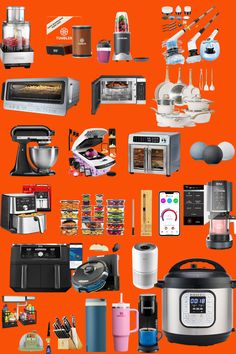 an orange background with many appliances and cooking utensils