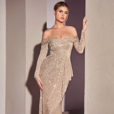 The Excellent Mermaid Silhouette Dress Is Decorated With An Uncountable Number Of Sequins, The Semi-Open Back Has A Functional Zipper That Provides A Secure Fit. Length: Long Color: Rose Gold Neckline: Off The Shoulder Silhouette: Mermaid Sleeve: Long Sleeve Back: Zipper Embellishments: Sequins Occasion: Romantic Date/Evening/Dinner, Wedding/Bridesmaid, Graduation, Fashion Show, Visiting Theater/Museum/Restaurant, Banquet, Photo Shoot, Concert Tags: Off Shoulder Open Back Dress, Long Mermaid Gow Gold Maid Of Honor Dress, Maid Of Honor Dress Long, Gold Elegant Dress, Open Back Dress Long, Mermaid Silhouette Dress, Elegant Dresses Long Sleeve, Long Gold Bridesmaid Dresses, Museum Restaurant, Graduation Fashion