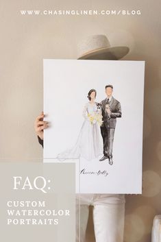 a person holding up a wedding photo with the caption faq custom watercolor portraits