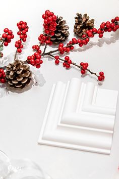 red berries and pine cones are arranged on a white surface next to some wine glasses