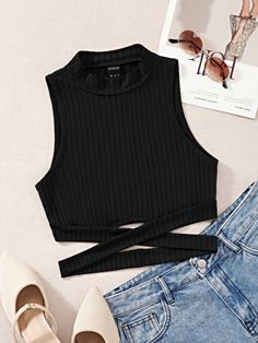 Black Casual   Polyester Plain Tank Embellished Slight Stretch  Women Tops, Blouses & Tee Cute Outfits With Shorts, Adrette Outfits, Mock Neck Tank Top, Cute Dress Outfits, Cute Preppy Outfits, Women Tank Tops, Cute Tank Tops, Easy Trendy Outfits, Top Tank