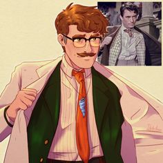 a man with glasses and a mustache is wearing a green jacket, white shirt and orange tie