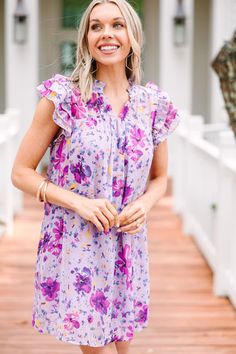 If you can get your hands on this dress, you are going to want to make it happen! This dress is so cute! We love that print and those colors are so pretty! This dress is going to look great dresses up with wedges for a date night or with white sneakers for brunch! This dress features short ruffled sleeves, a v-neck, and a floral print.  Material has no amount of stretch.Cam is wearing the small. Ditsy Floral Dress, Floral Cocktail Dress, Black Tie Dress, Long Sleeve Outerwear, Two Piece Swimwear, Friend Outfits, Lavender Purple, Floral Print Blouses, Ruffled Sleeves