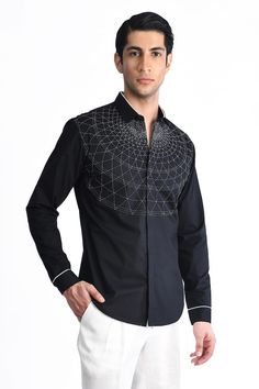 Black cotton shirt with giant wheel placement embroidery done with two tone kantha threads. - Aza Fashions Designer Embroidered Long Sleeve Shirt, Designer Long Sleeve Embroidered Shirt, Designer Embroidered Black Shirt, Designer Black Embroidered Shirt, Designer Embroidered Cotton Top, Black Cotton Tops With Geometric Embroidery, Long Sleeve Cotton Shirt With Geometric Embroidery, Fitted Cotton Tops With Tonal Embroidery, Fitted Cotton Tops With Geometric Embroidery