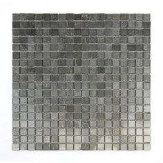 a gray and white mosaic tile wall with grey squares on the bottom, in different shades