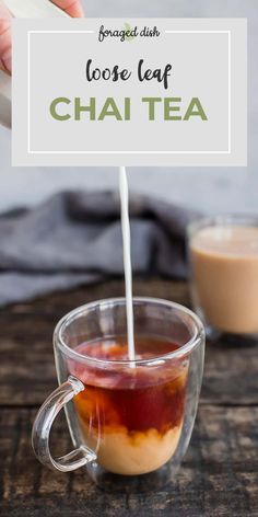 a person pouring tea into a cup with the words loose leaf chai tea on it