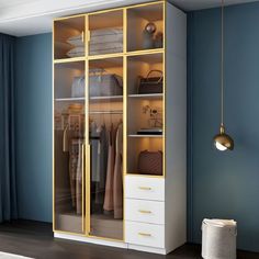 a closet with blue walls and gold trimmings is shown in this image, it has