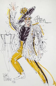 a drawing of a woman in yellow pants and black top with feathers on her head