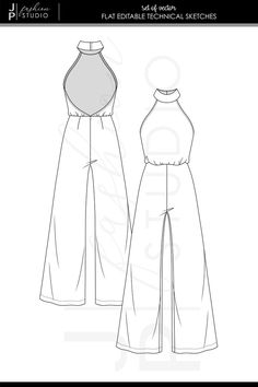 the front and back view of a women's jumpsuit with high neck, wide legs