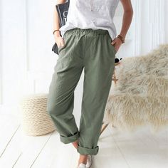 QLEICOM Womens Slacks Women Wrinkle Free Relaxed Fit Straight Leg Pants Solid Pockets Elastic Waist Comfortable Straight Pants Work Cargo Casual Pants Wide Leg Pants Relaxed Fit Trousers Size: 3XL.  Color: Green.  Gender: female.  Age Group: adult. Casual Chique Stijl, Cotton Casual Pants, Weave Style, Styl Boho, Summer Pants, Linen Style, Straight Trousers, Straight Leg Trousers, Picture Size