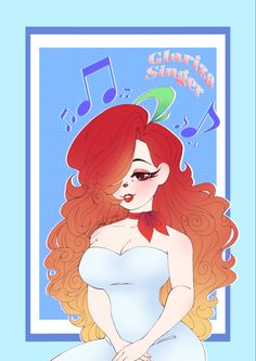 a woman with long red hair sitting on top of a blue floor next to music notes