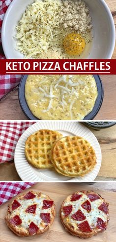 keto pizza waffles with cheese and sauce on top, then topped with melted cheese