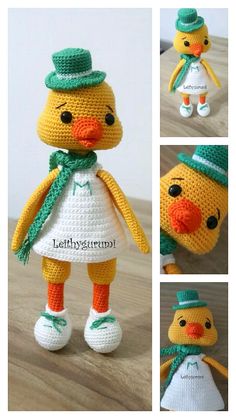 the crocheted doll is wearing a green hat and white dress with an orange beak